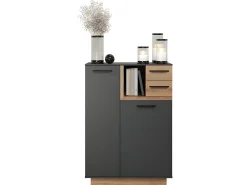 Aparador Synnax 1 puerta grande, 1 puerta pequeña, 1 estante, 2 cajones gris, decoración roble.