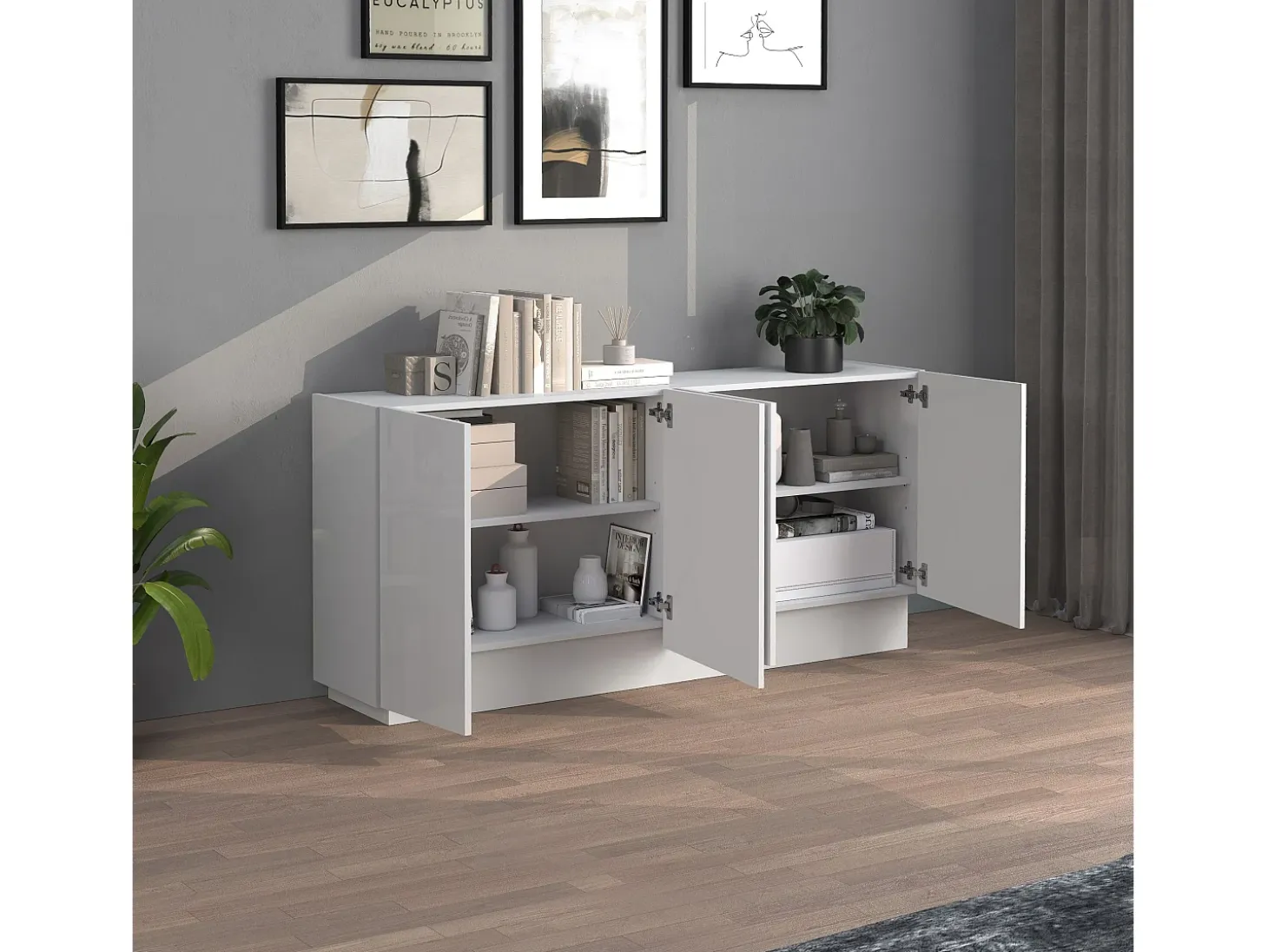 Aparador Vela con 4 puertas en color blanco brillo 160x35x75,4 cm