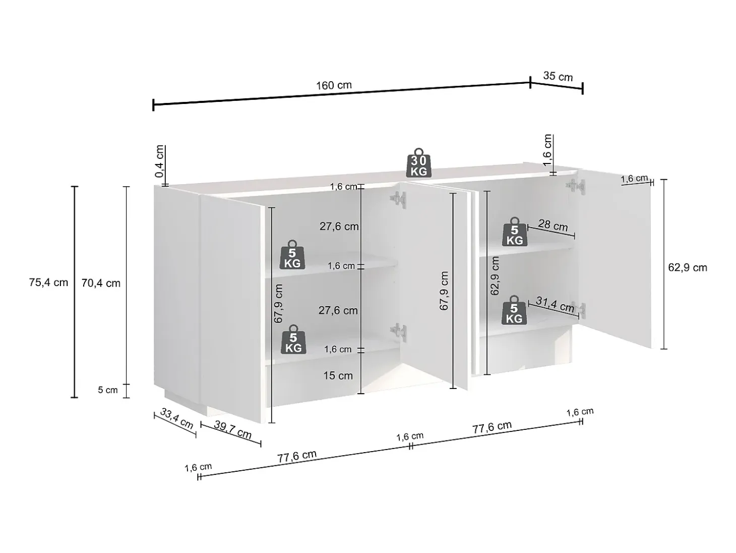 Aparador Vela con 4 puertas en color blanco brillo 160x35x75,4 cm