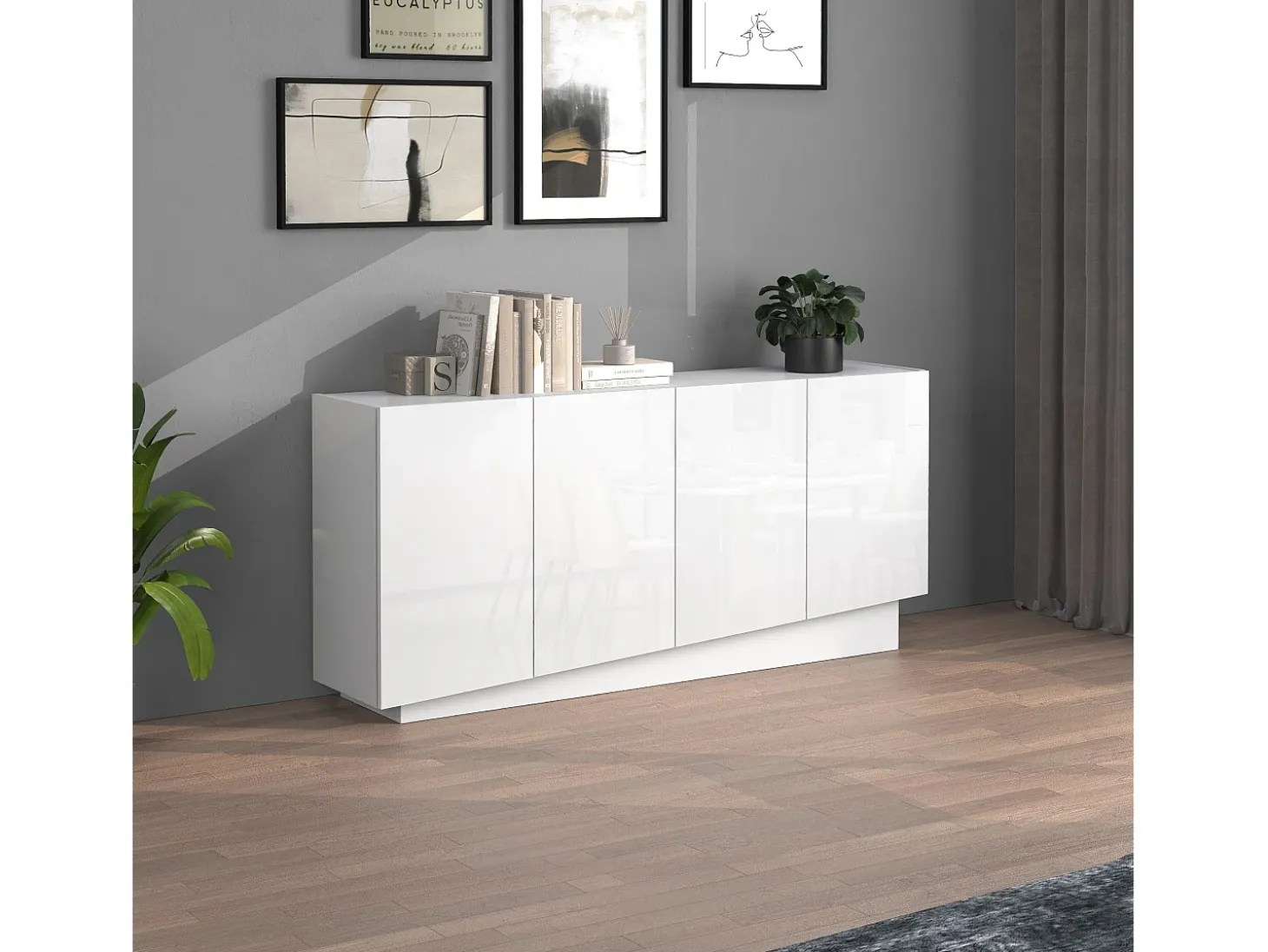 Aparador Vela con 4 puertas en color blanco brillo 160x35x75,4 cm