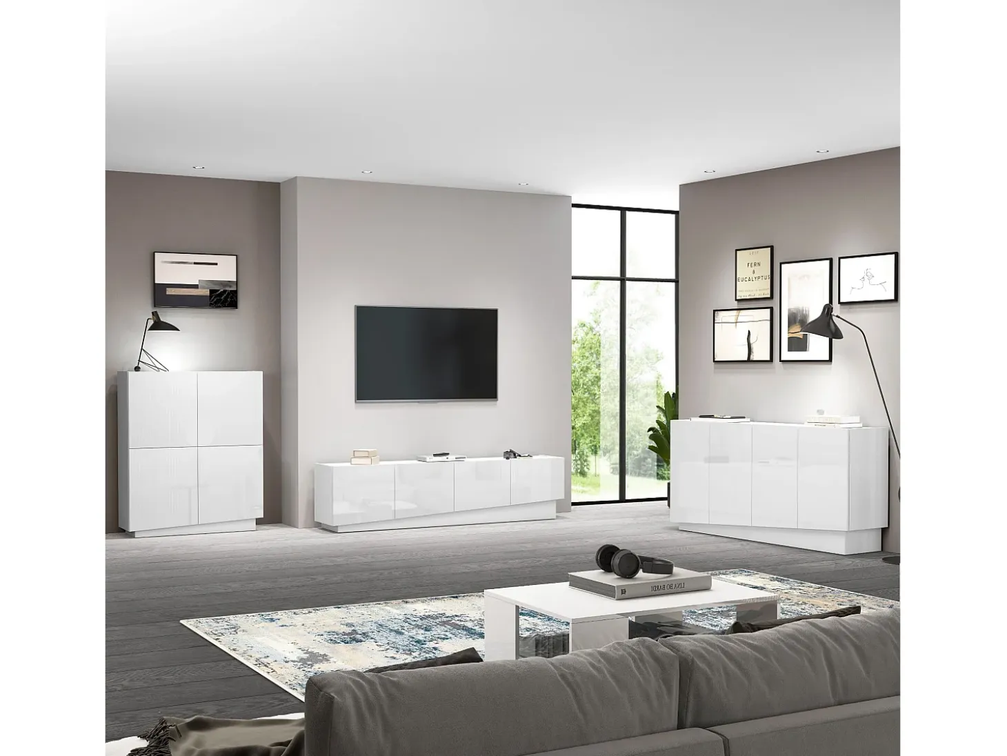 Aparador Vela con 4 puertas en color blanco brillo 160x35x75,4 cm