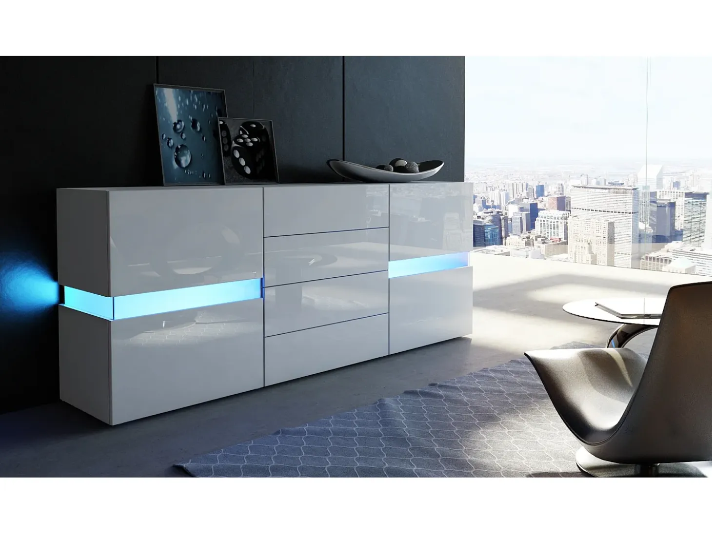 Aparador Vladon Flow, blanco de alto brillo/blanco de alto brillo - Cómoda moderna con acristalamiento Ambient Light para su salón (177 x 75 x 39 cm)