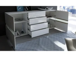 Aparador Vladon Flow, blanco de alto brillo/blanco de alto brillo - Cómoda moderna con acristalamiento Ambient Light para su salón (177 x 75 x 39 cm)
