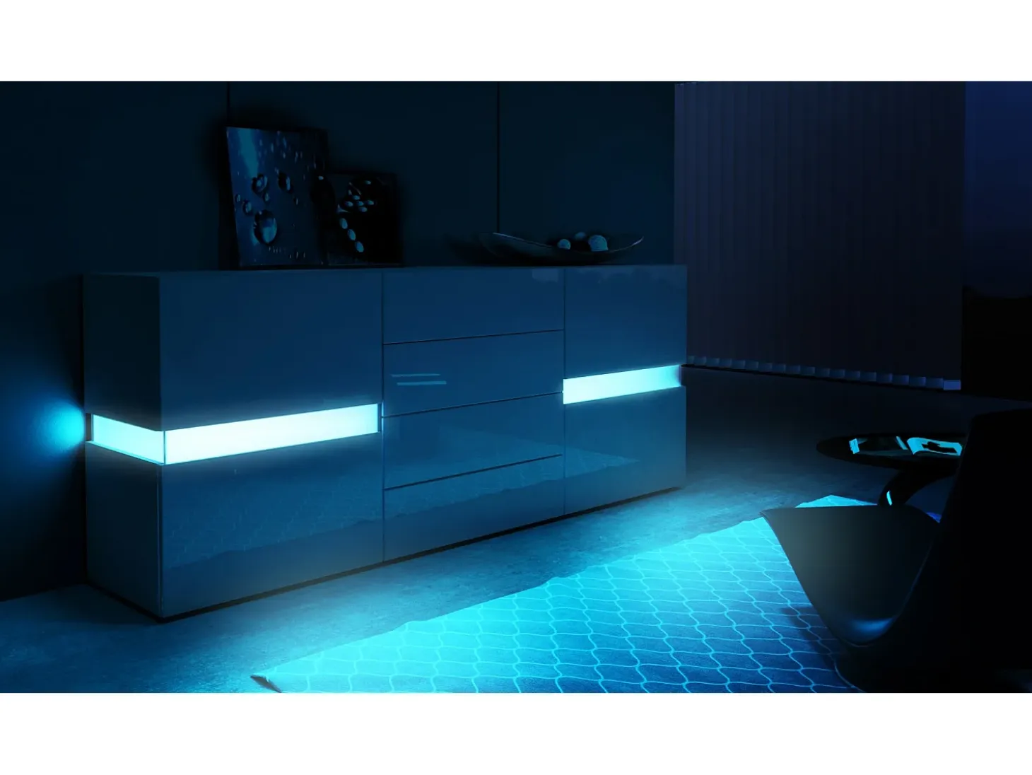 Aparador Vladon Flow, negro de alto brillo/negro de alto brillo con LED - Cómoda moderna con acristalamiento Ambient Light para su salón (177 x 75 x 39 cm)