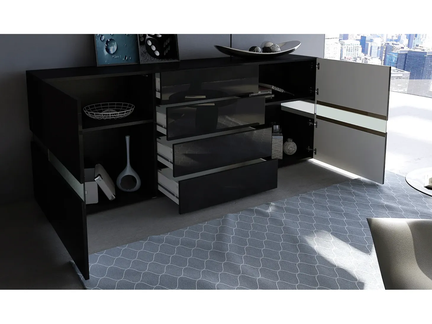 Aparador Vladon Flow, negro de alto brillo/negro de alto brillo con LED - Cómoda moderna con acristalamiento Ambient Light para su salón (177 x 75 x 39 cm)