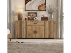 Aparador 160x40x75 cm - 4 puertas y 1 cajón - Estantes ajustables - Acabado de madera - Paneles de partículas - Natural