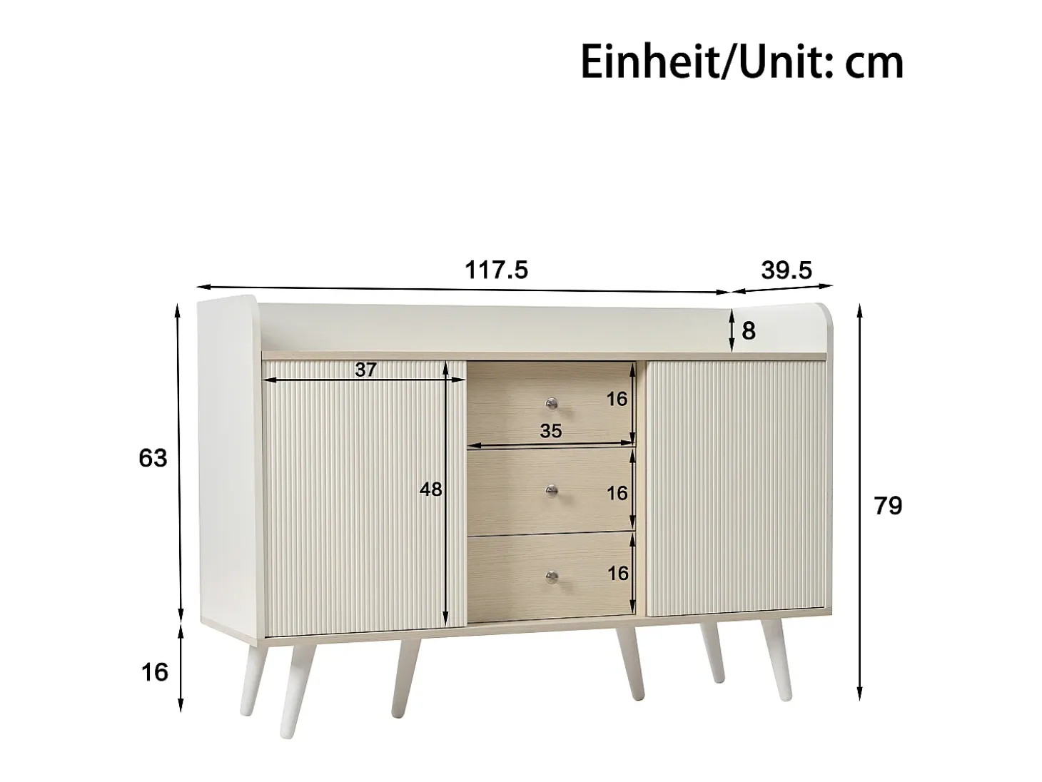 Aparador 117x40x80 cm - con 2 puertas y 3 cajones - color blanco y madera - para dormitorio y salón