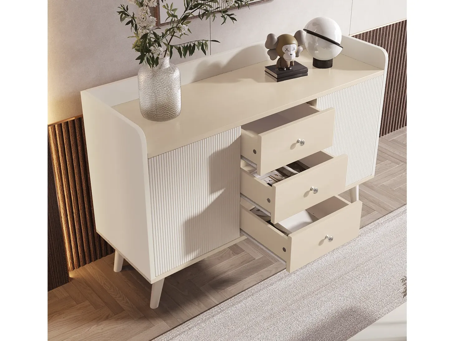 Aparador 117x40x80 cm - con 2 puertas y 3 cajones - color blanco y madera - para dormitorio y salón