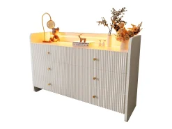 Aparador 120x40x75 cm - Mueble de almacenaje con iluminación LED y 6 cajones - blanco con diseño de ranuras onduladas - para salón y dormitorio