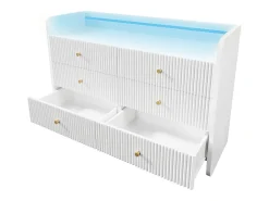 Aparador 120x40x75 cm - Mueble de almacenaje con iluminación LED y 6 cajones - blanco con diseño de ranuras onduladas - para salón y dormitorio