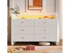 Aparador 120x40x75 cm - Mueble de almacenaje con iluminación LED y 6 cajones - blanco con diseño de ranuras onduladas - para salón y dormitorio