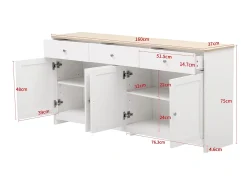 Aparador 160x37x75 cm con 4 puertas y 3 cajones de madera - Blanco y Natural