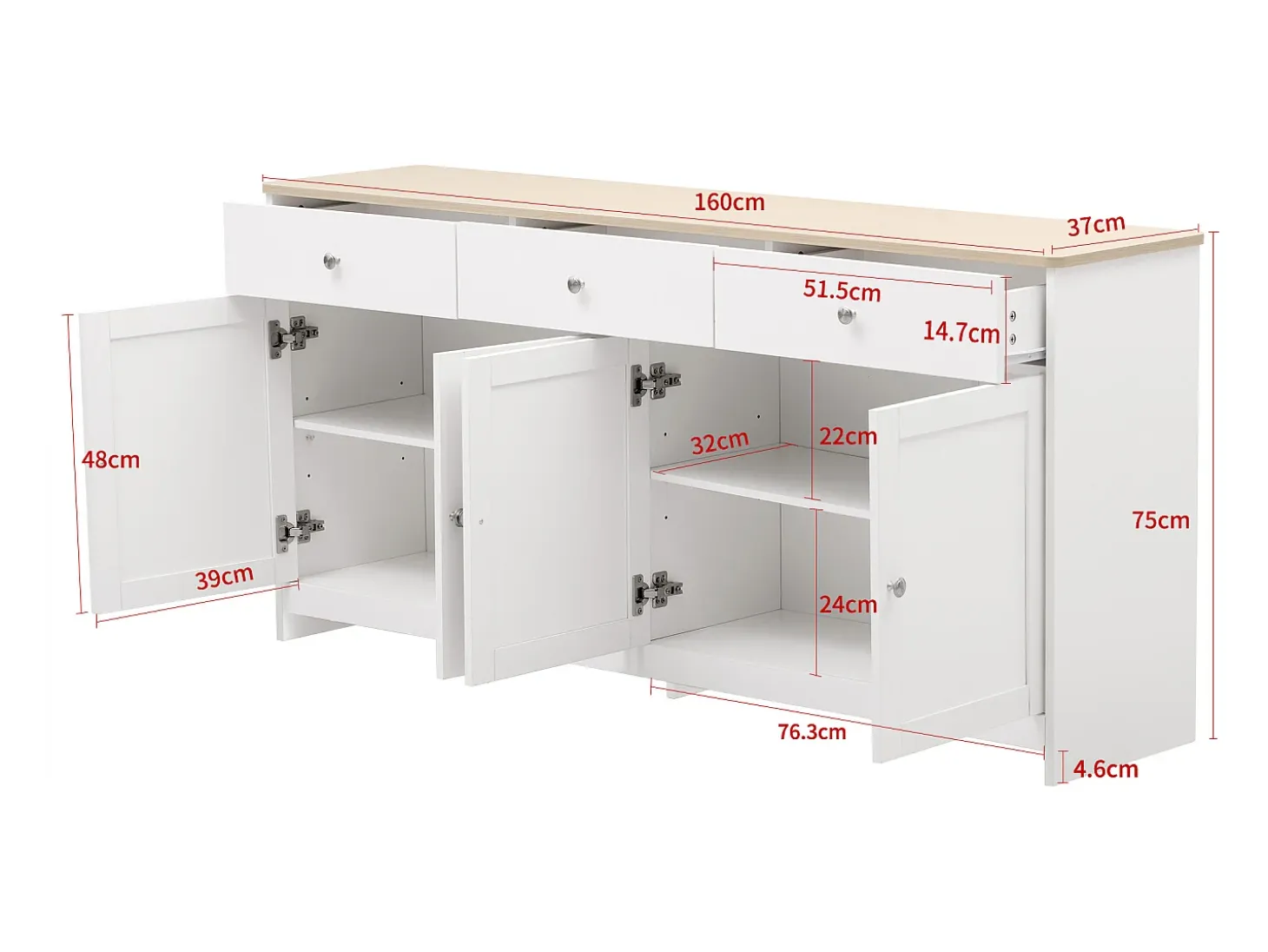 Aparador 160x37x75 cm con 4 puertas y 3 cajones de madera - Blanco y Natural