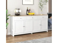 Aparador 160x37x75 cm con 4 puertas y 3 cajones de madera - Blanco y Natural