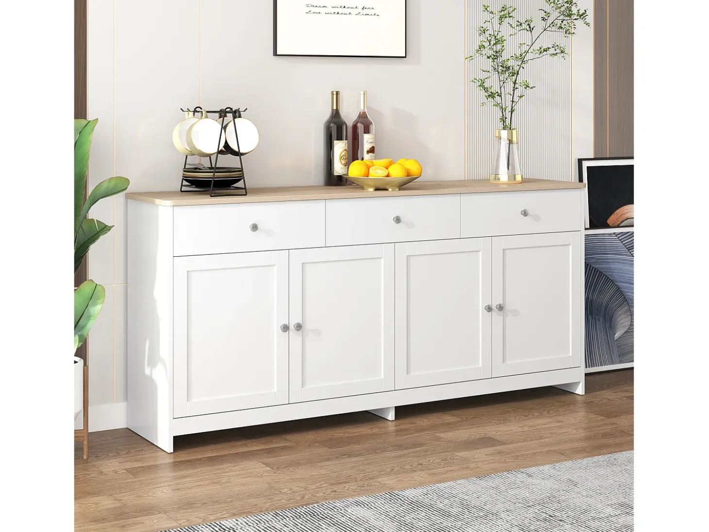 Aparador 160x37x75 cm con 4 puertas y 3 cajones de madera - Blanco y Natural