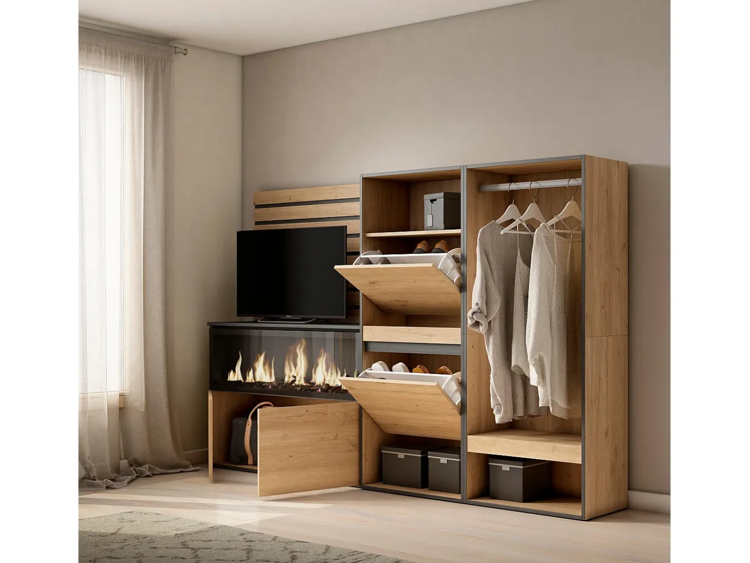 Aparador, 227x145x35 cm, Dormitorio, habitación, Chimenea eléctrica XXL, Zapatero, Vestidor abierto, Roble