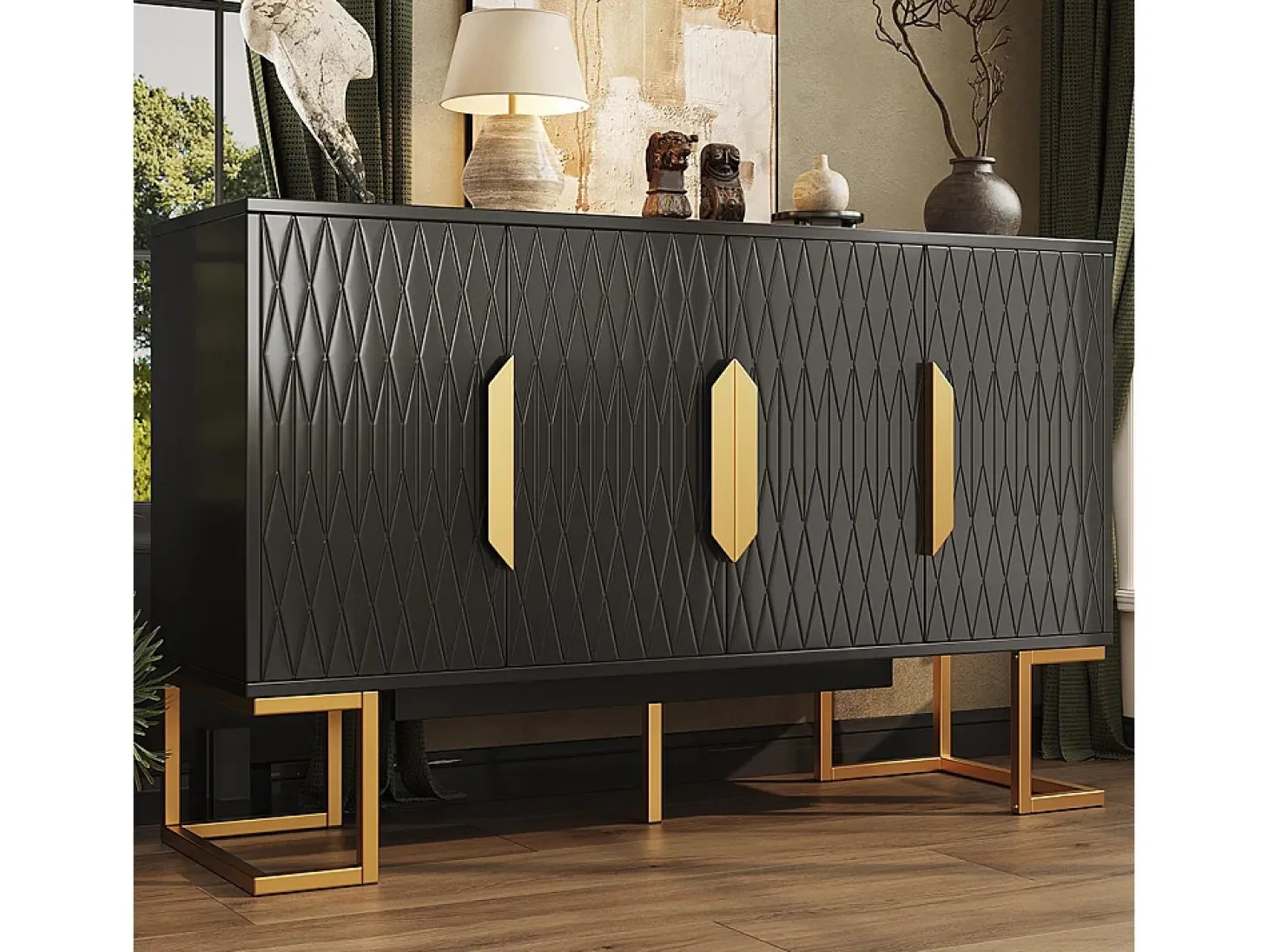 Aparador 140x40x80 cm, estilo contemporáneo, con cuatro puertas y dos estantes regulables en altura, negro