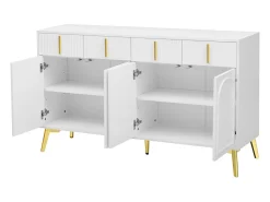 Aparador 140x37,8x82cm - con 4 puertas, 4 cajones, tiradores y pies dorados - laminado desenfundable - Blanco
