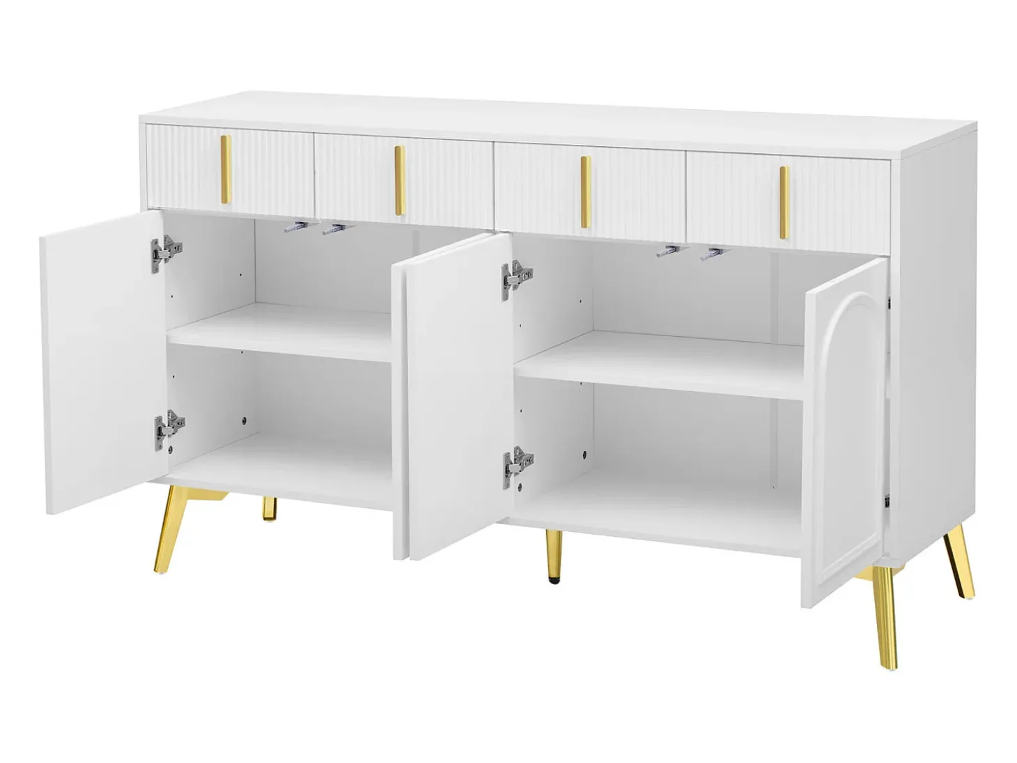 Aparador 140x37,8x82cm - con 4 puertas, 4 cajones, tiradores y pies dorados - laminado desenfundable - Blanco