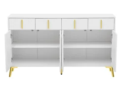 Aparador 140x37,8x82cm - con 4 puertas, 4 cajones, tiradores y pies dorados - laminado desenfundable - Blanco