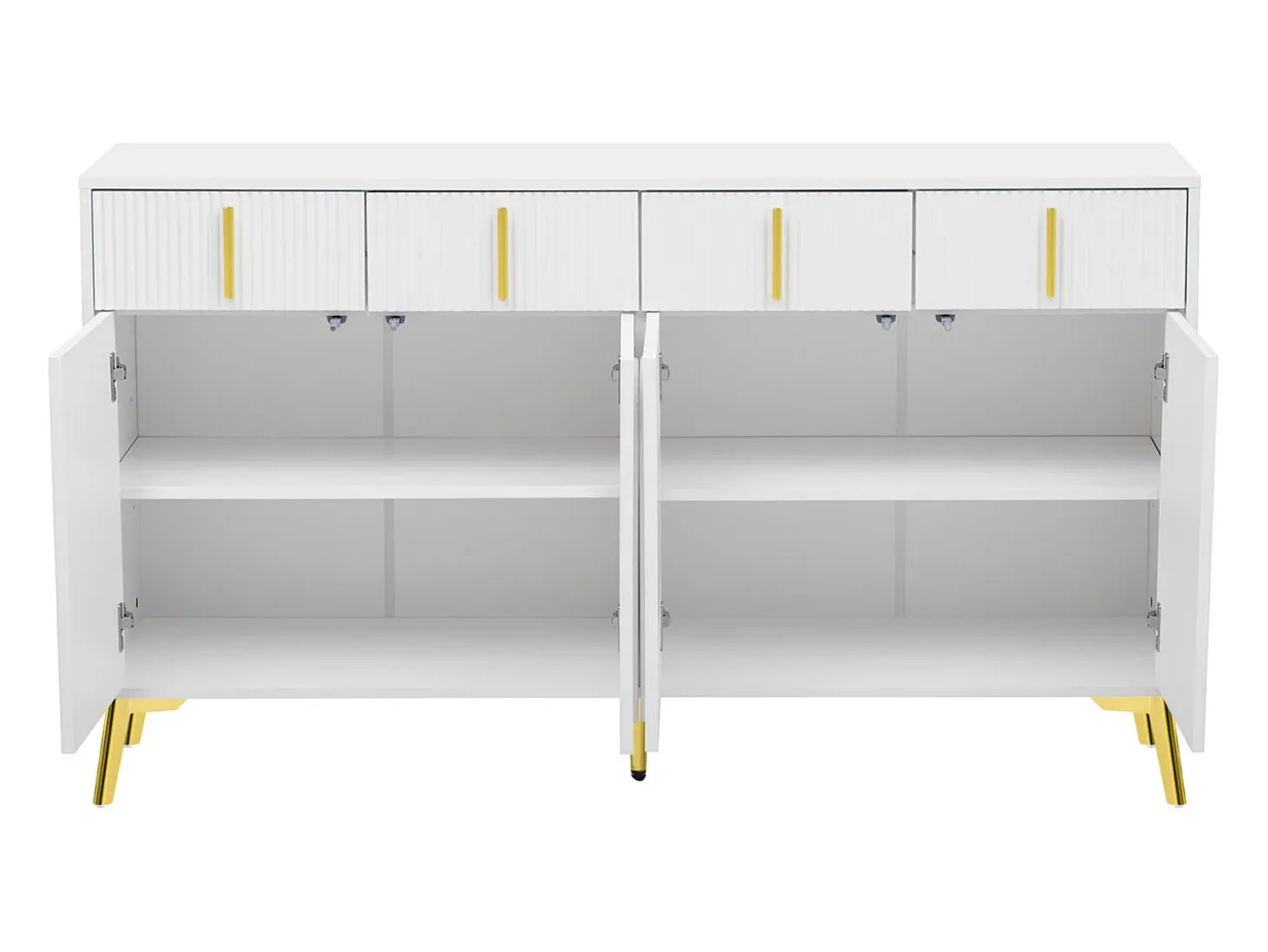 Aparador 140x37,8x82cm - con 4 puertas, 4 cajones, tiradores y pies dorados - laminado desenfundable - Blanco