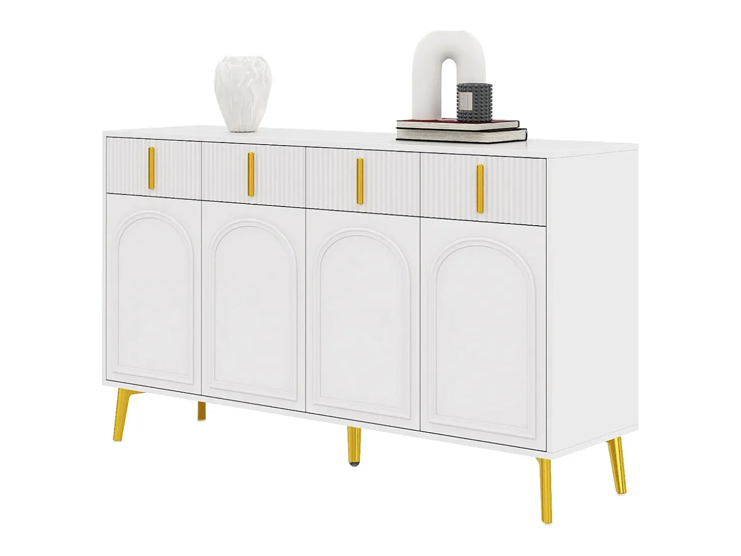 Aparador 140x37,8x82cm - con 4 puertas, 4 cajones, tiradores y pies dorados - laminado desenfundable - Blanco