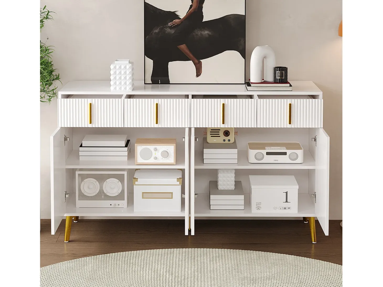 Aparador 140x37,8x82cm - con 4 puertas, 4 cajones, tiradores y pies dorados - laminado desenfundable - Blanco