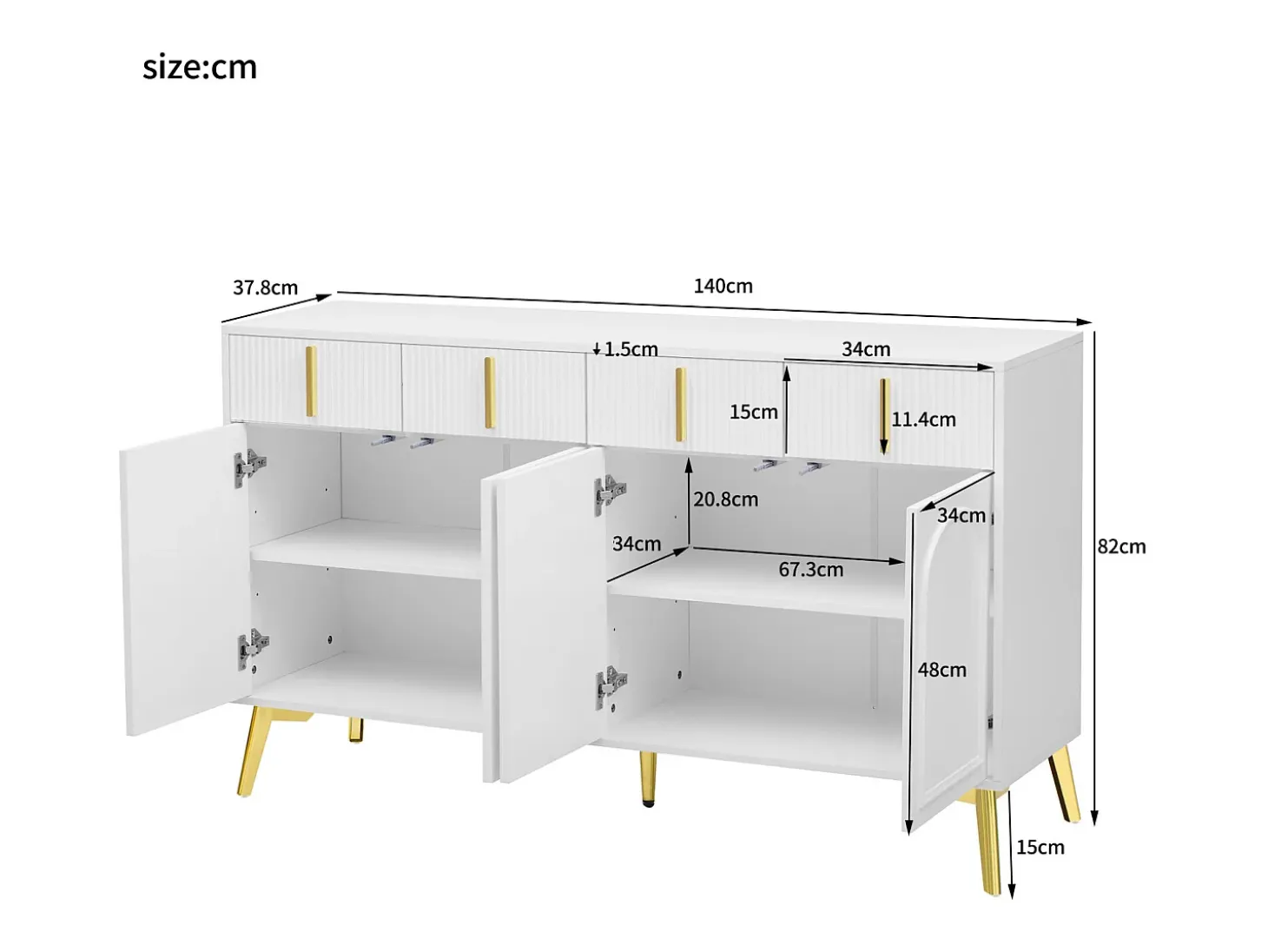 Aparador 140x37,8x82cm - con 4 puertas, 4 cajones, tiradores y pies dorados - laminado desenfundable - Blanco