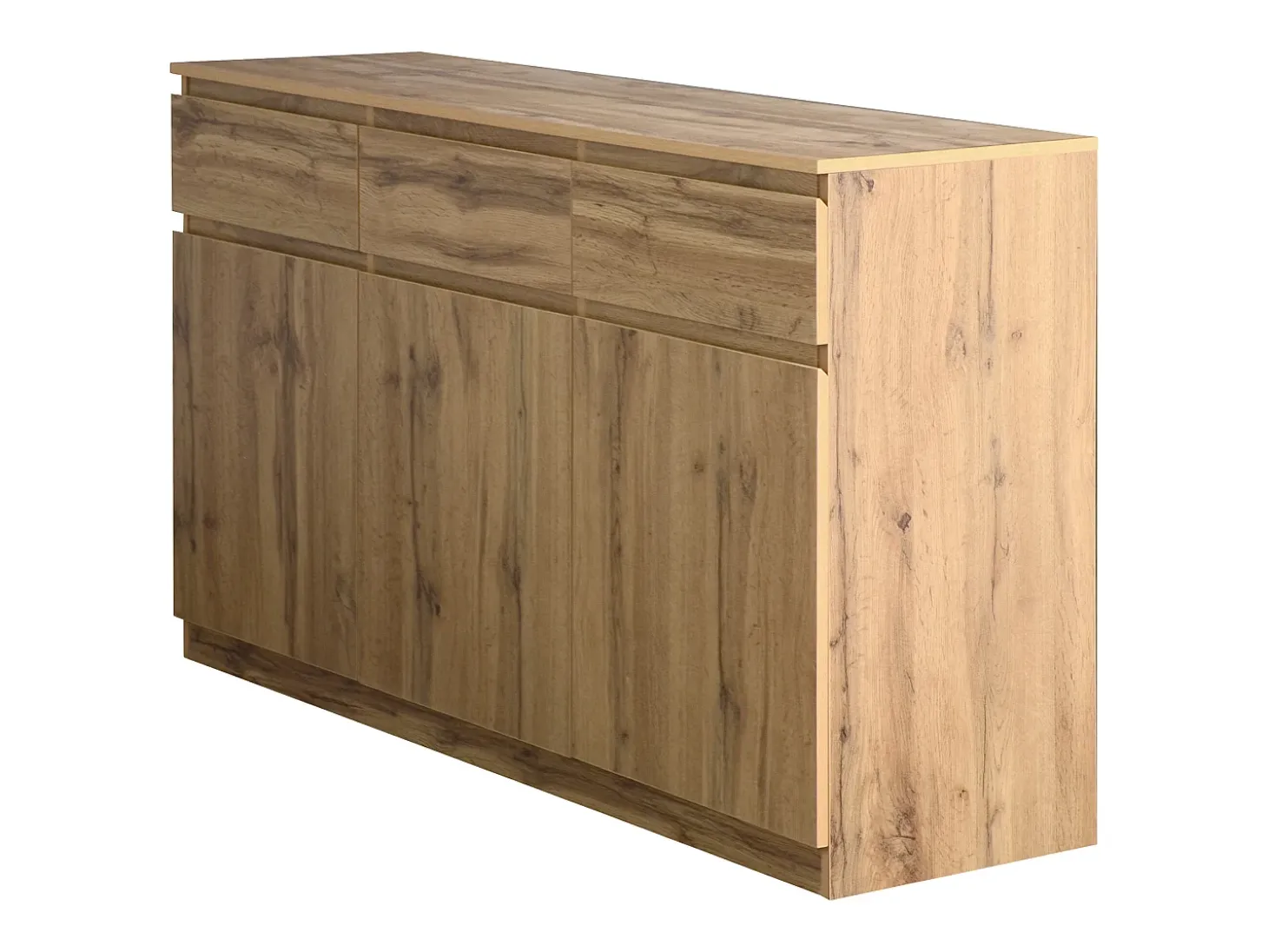Aparador 135x40x81cm con 3 cajones y 3 puertas, cuerpo en madera natural clara