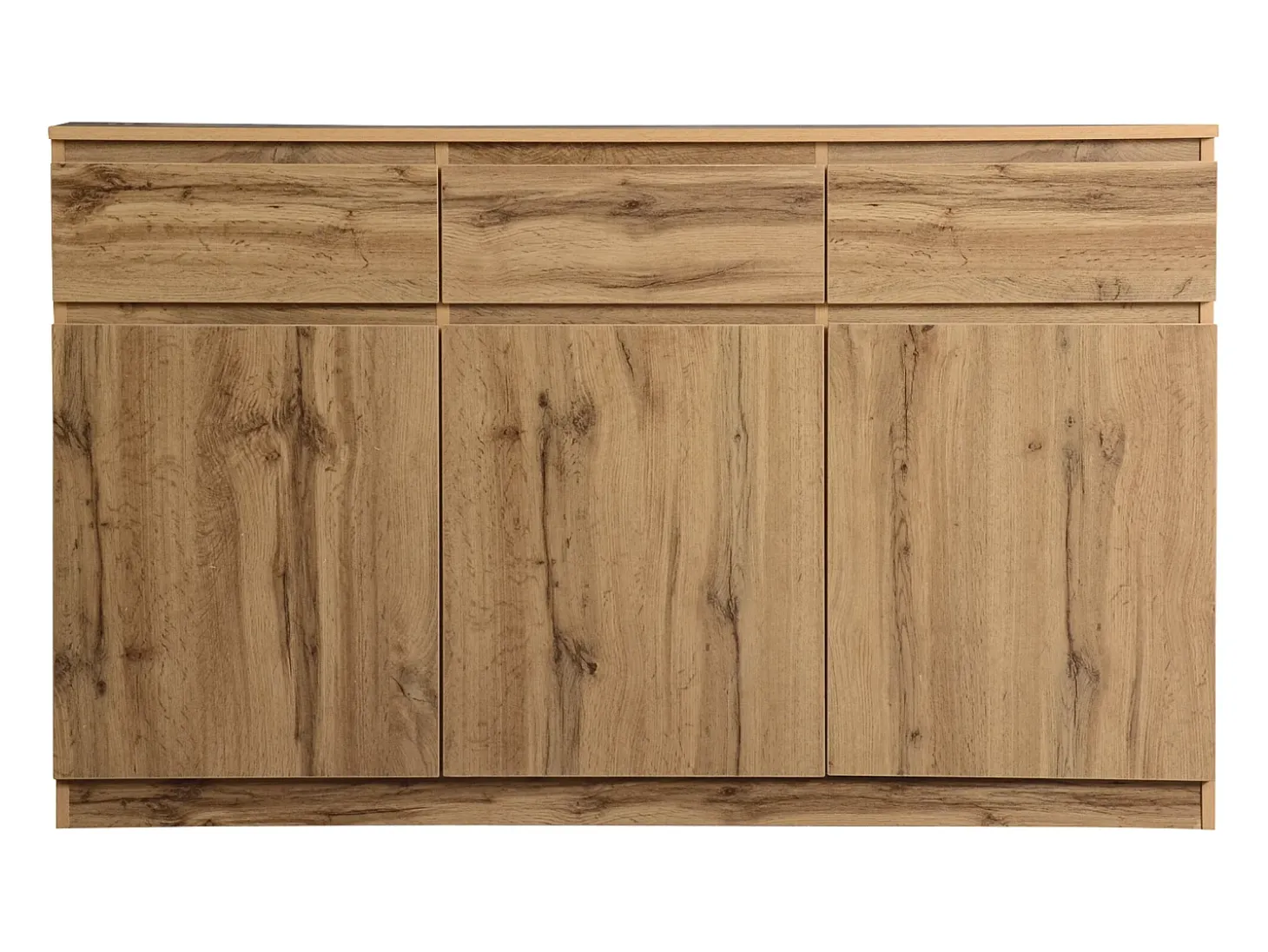 Aparador 135x40x81cm con 3 cajones y 3 puertas, cuerpo en madera natural clara