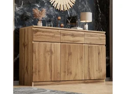 Aparador 135x40x81cm con 3 cajones y 3 puertas, cuerpo en madera natural clara