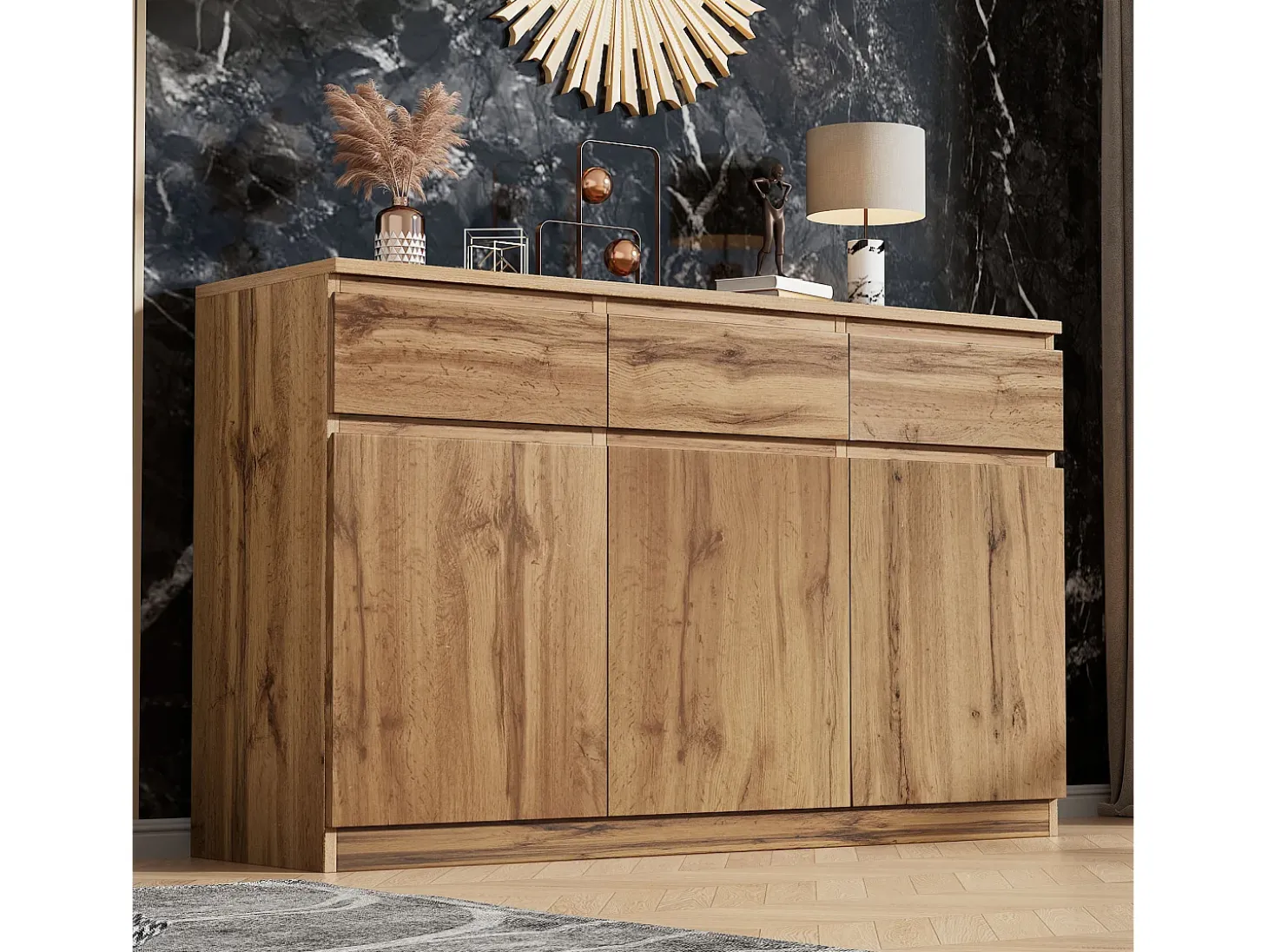 Aparador 135x40x81cm con 3 cajones y 3 puertas, cuerpo en madera natural clara