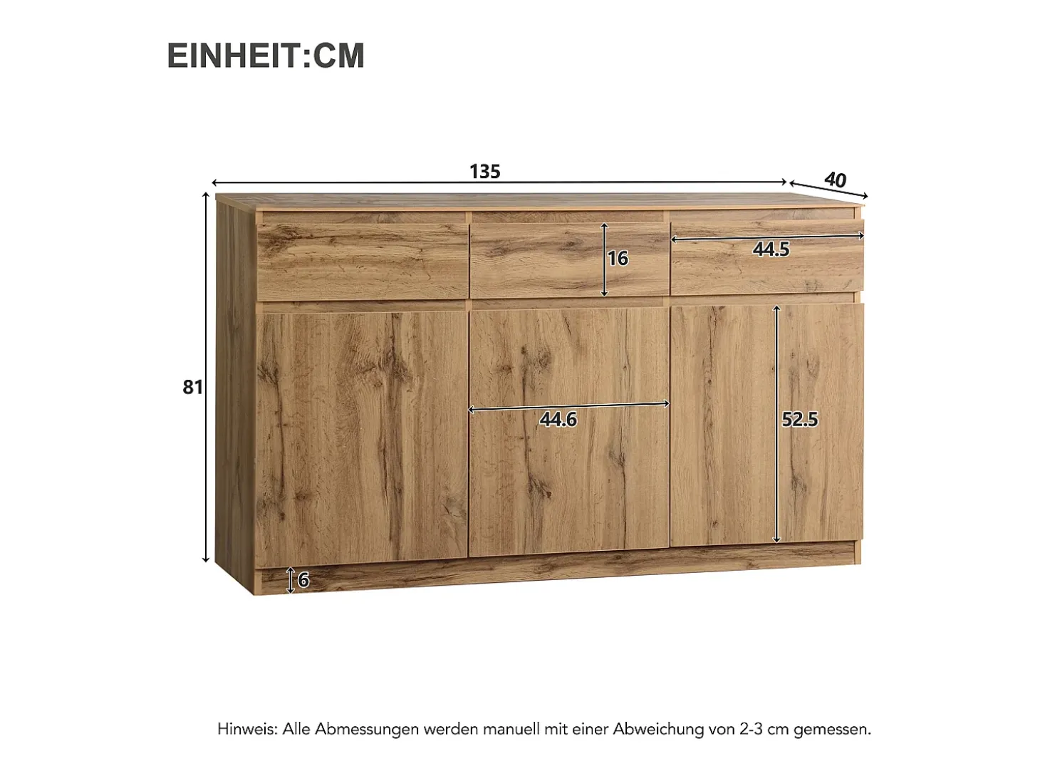 Aparador 135x40x81cm con 3 cajones y 3 puertas, cuerpo en madera natural clara