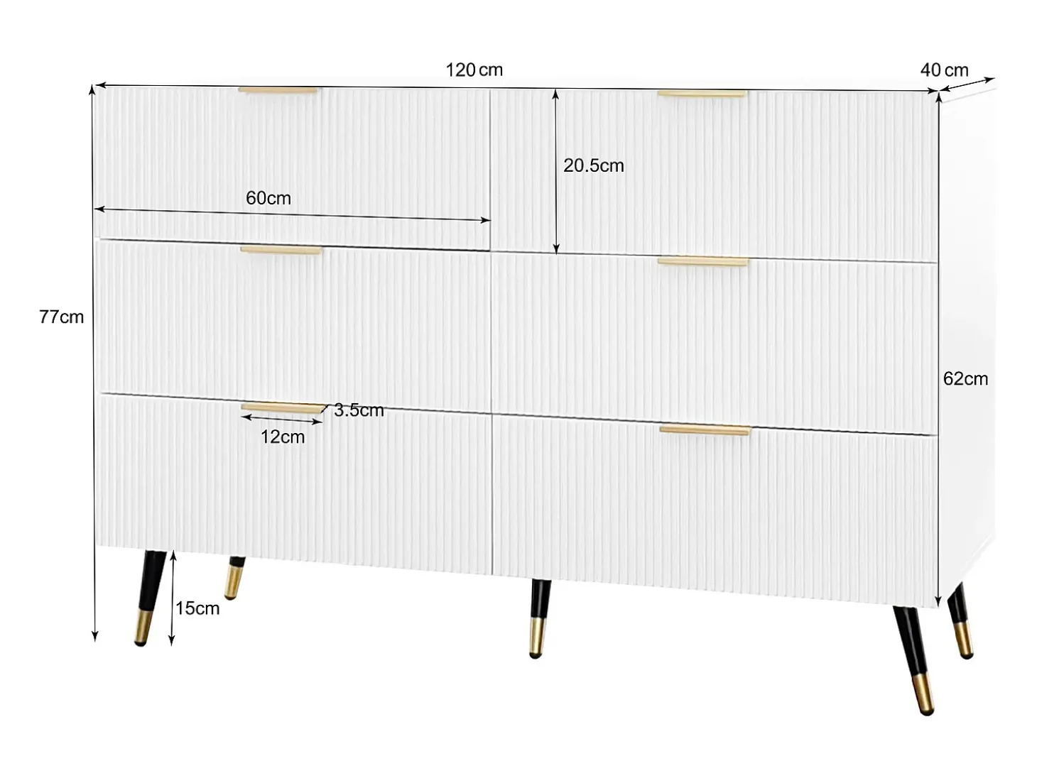 Aparador 120x40x77cm con 6 cajones, patas y tiradores dorados, cuerpo blanco