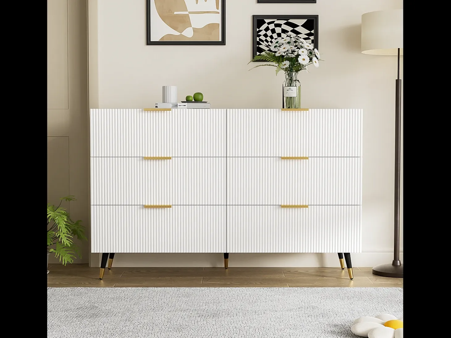 Aparador 120x40x77cm con 6 cajones, patas y tiradores dorados, cuerpo blanco