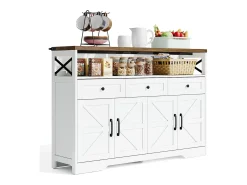 Aparador 140x35x95cm con 3 cajones, 4 puertas y 1 nicho, tablero imitación madera marrón, cuerpo blanco