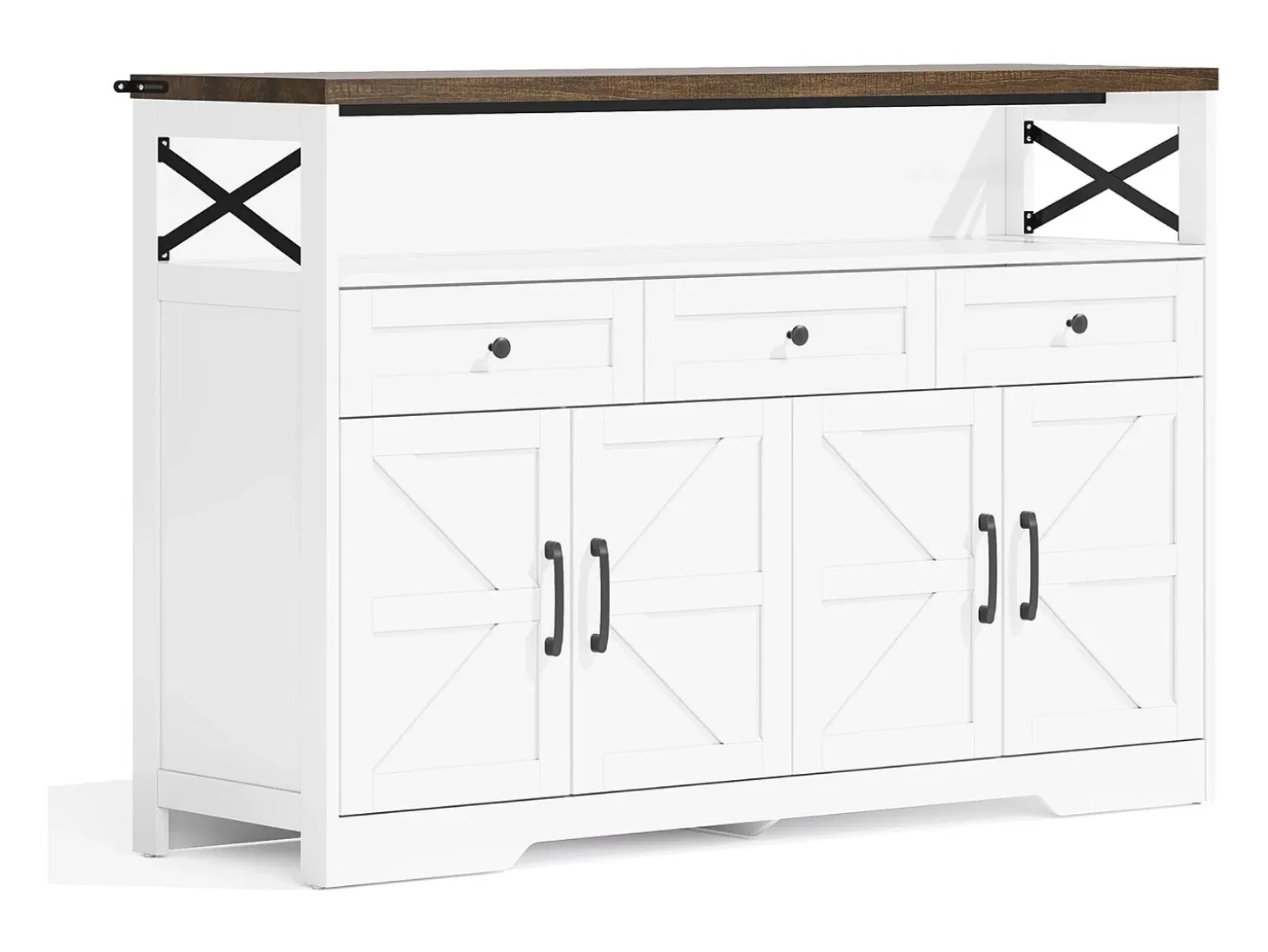 Aparador 140x35x95cm con 3 cajones, 4 puertas y 1 nicho, tablero imitación madera marrón, cuerpo blanco