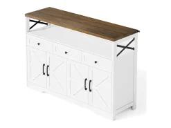 Aparador 140x35x95cm con 3 cajones, 4 puertas y 1 nicho, tablero imitación madera marrón, cuerpo blanco