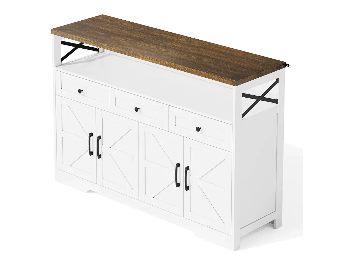 Aparador 140x35x95cm con 3 cajones, 4 puertas y 1 nicho, tablero imitación madera marrón, cuerpo blanco
