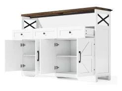Aparador 140x35x95cm con 3 cajones, 4 puertas y 1 nicho, tablero imitación madera marrón, cuerpo blanco