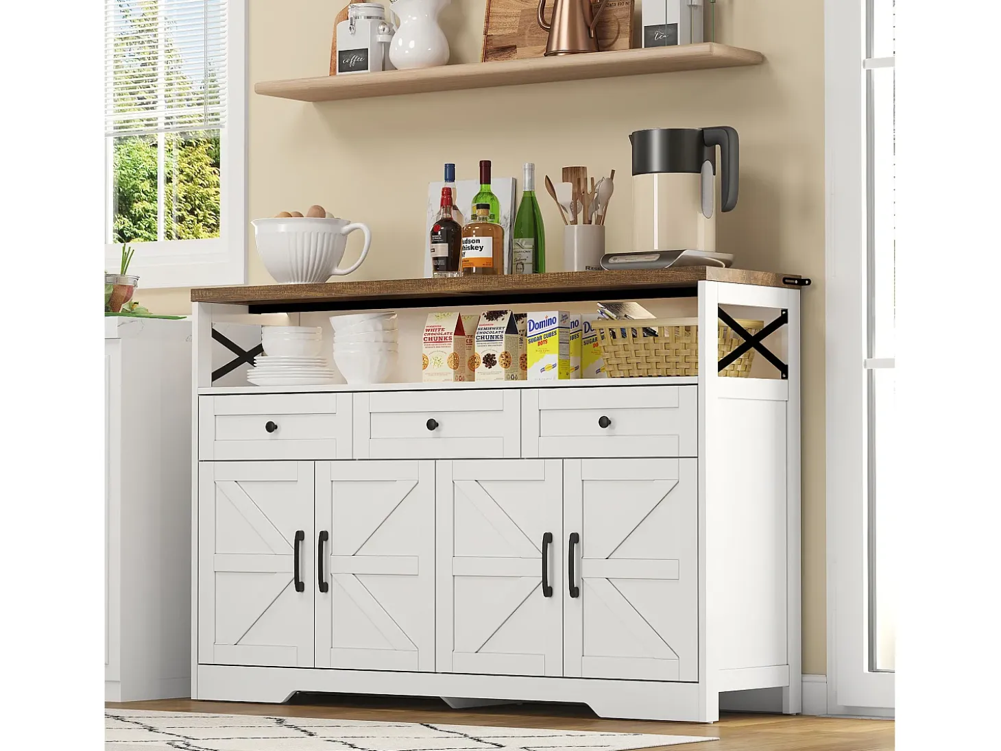 Aparador 140x35x95cm con 3 cajones, 4 puertas y 1 nicho, tablero imitación madera marrón, cuerpo blanco