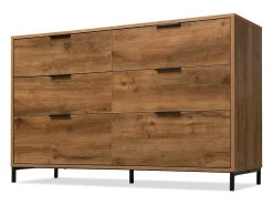 Aparador 120x40x76cm con 6 cajones, en madera natural oscura, patas de metal negro