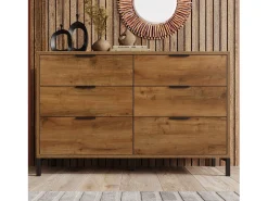 Aparador 120x40x76cm con 6 cajones, en madera natural oscura, patas de metal negro