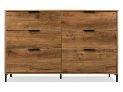 Aparador 120x40x76cm con 6 cajones, en madera natural oscura, patas de metal negro