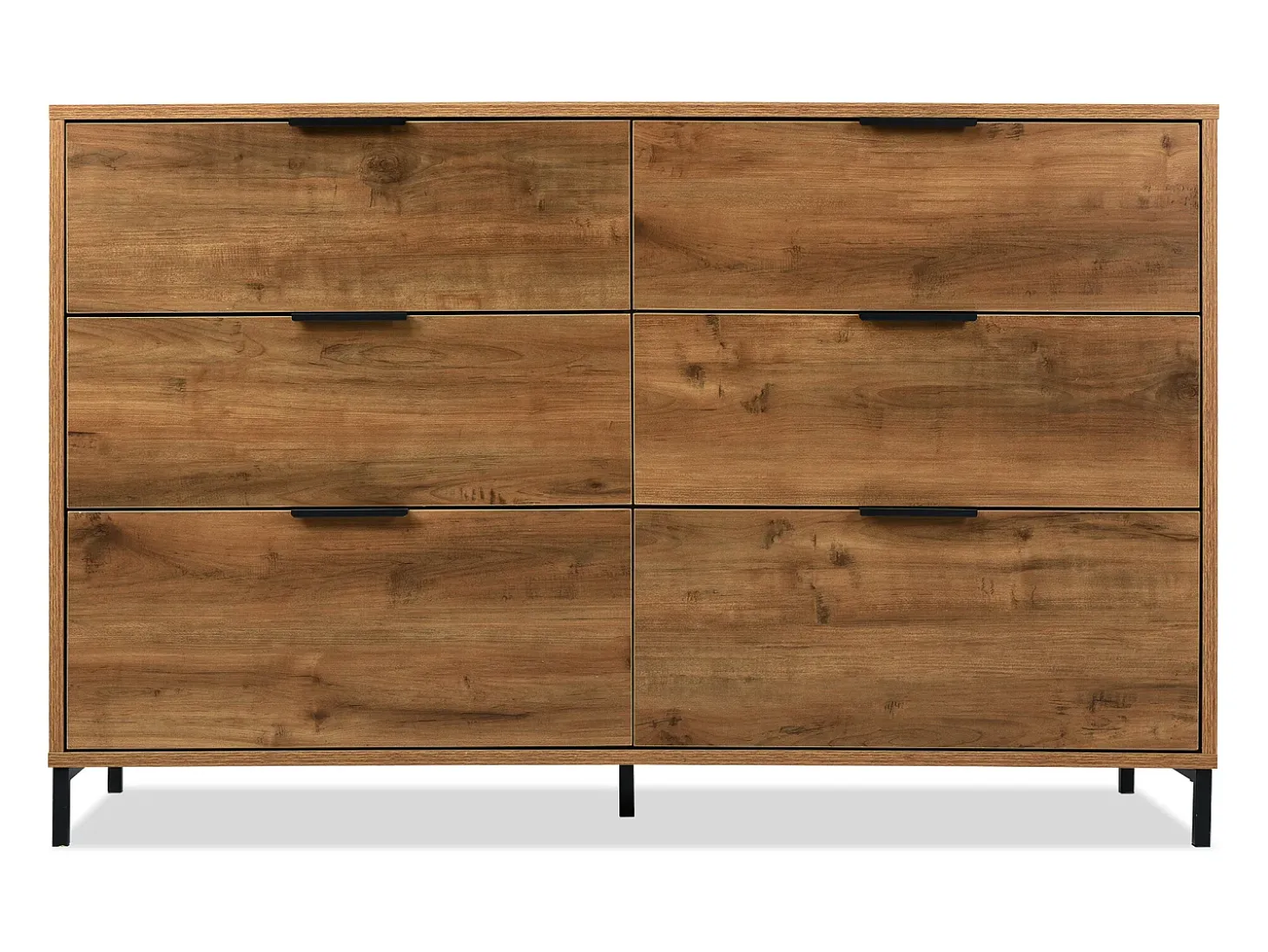 Aparador 120x40x76cm con 6 cajones, en madera natural oscura, patas de metal negro