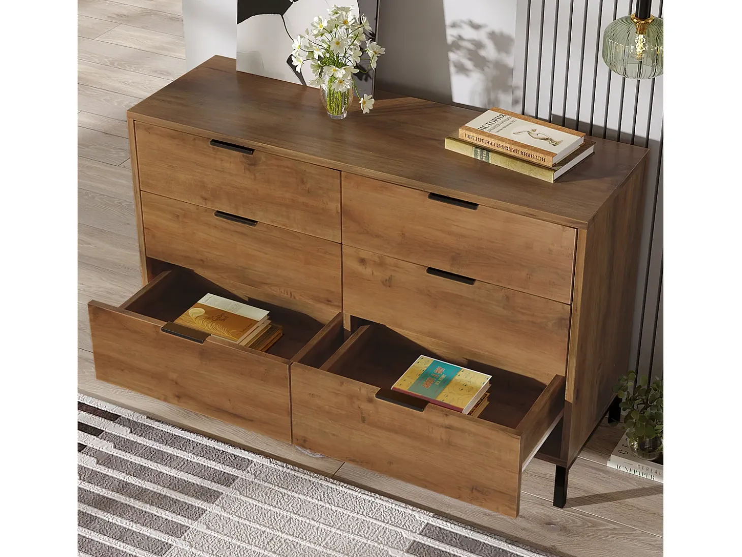 Aparador 120x40x76cm con 6 cajones, en madera natural oscura, patas de metal negro