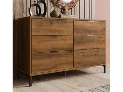 Aparador 120x40x76cm con 6 cajones, en madera natural oscura, patas de metal negro