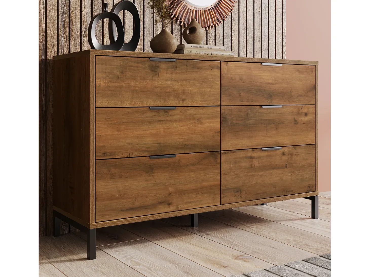 Aparador 120x40x76cm con 6 cajones, en madera natural oscura, patas de metal negro