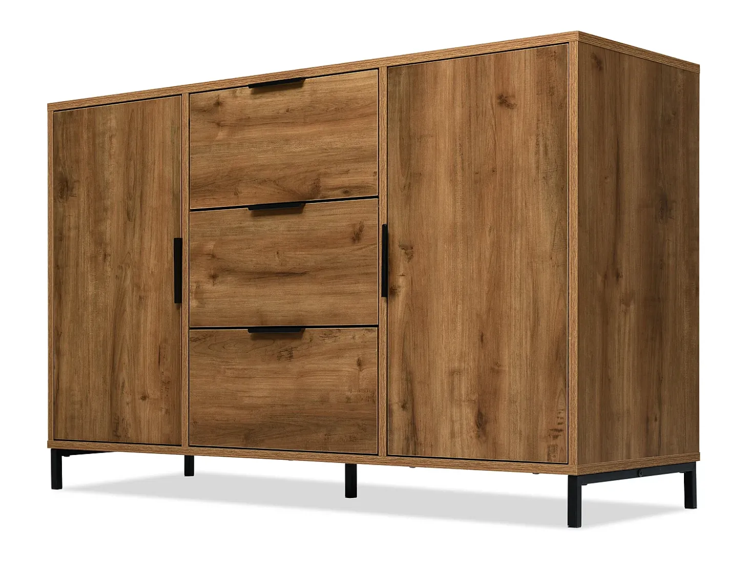 Aparador 120x40x76cm con 3 cajones y 2 puertas, en madera natural oscura, patas de metal negro.