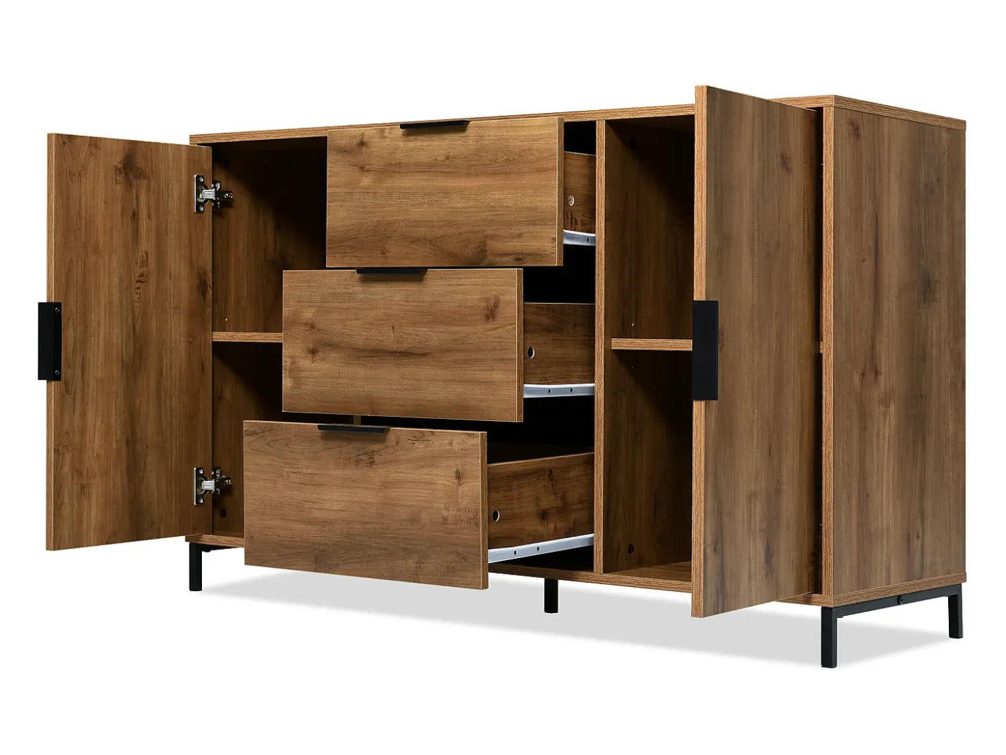 Aparador 120x40x76cm con 3 cajones y 2 puertas, en madera natural oscura, patas de metal negro.